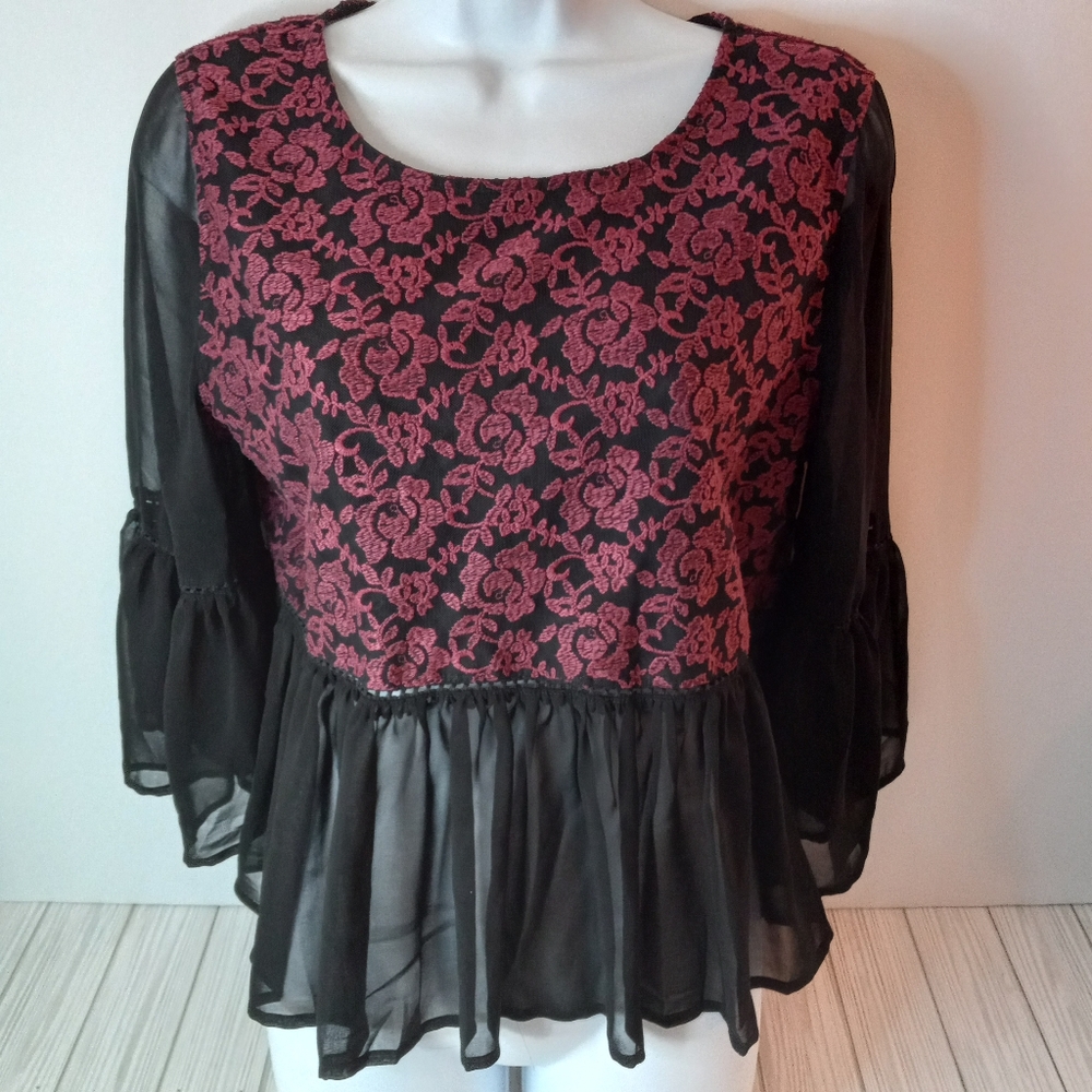 Jack By BB Dakota Embroidered Whimsy Goth Sheer Bell Sleeve Blouse